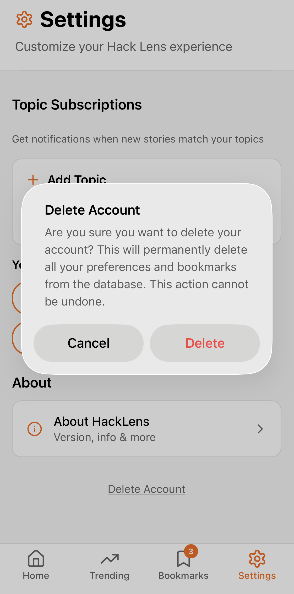 Settings showing Delete Account option